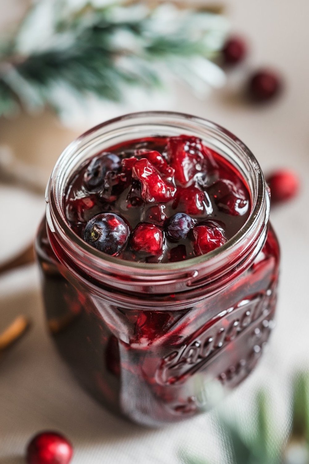 A jar of homemade mixed berry jam filled with whole blueberries and raspberries, capturing the rustic, chunky texture of the jam. The festive, deep red and purple hues of the berries create a cozy, holiday feel, making this a perfect seasonal preserve.