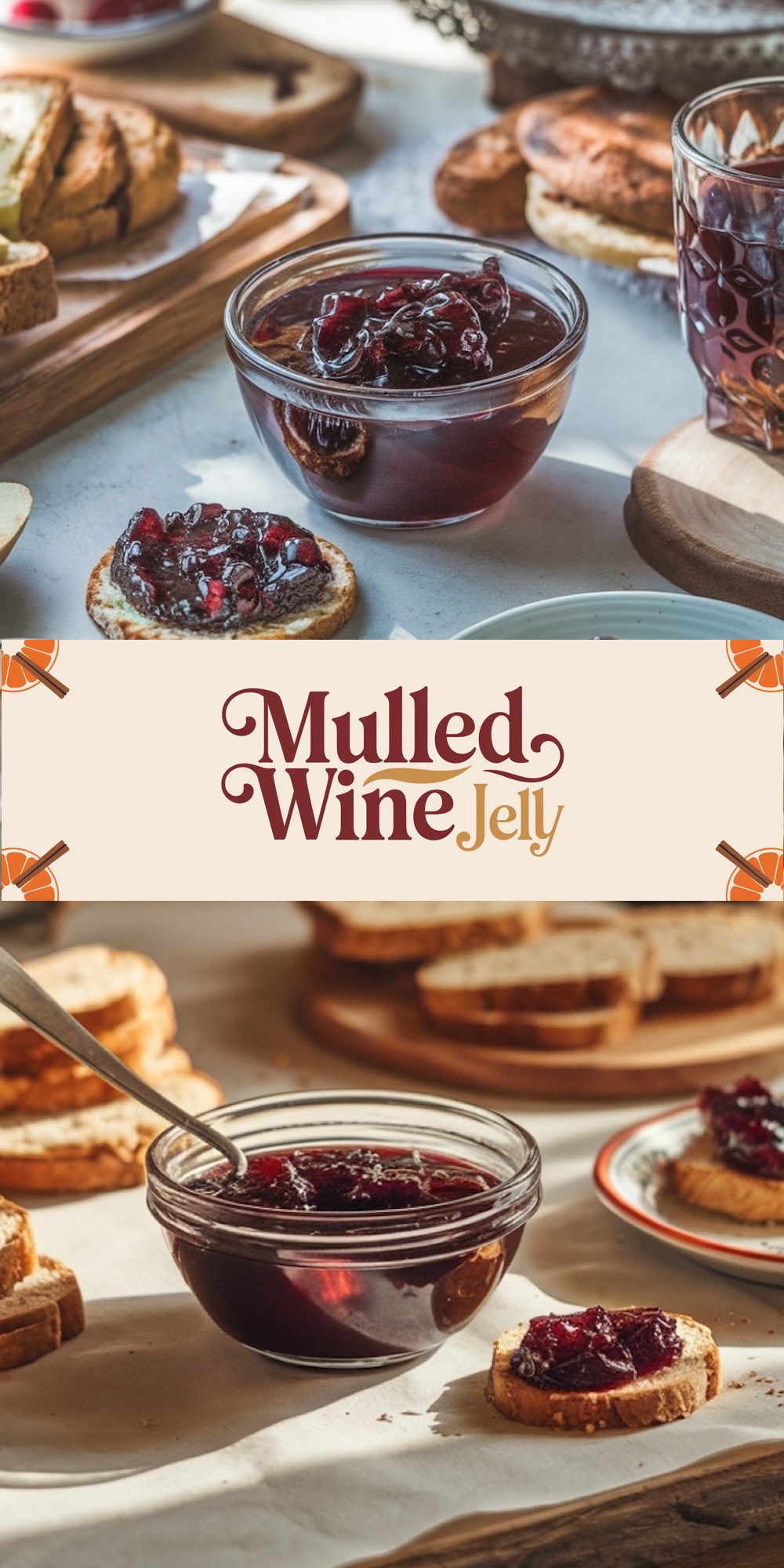Mulled wine jelly Christmas recipe in a small glass jar, served on toasted bread with festive spices and a glass of mulled wine in the background. This holiday jam recipe infuses the flavors of mulled wine with cinnamon, cloves, and citrus for a seasonal spread.