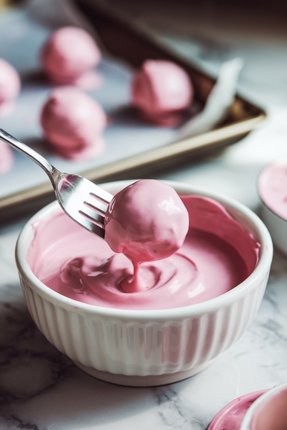 Fork dipping an Oreo truffle ball into pink candy melt coating. The truffle is half-coated in smooth, pastel pink candy, creating a glossy, professional finish. Background shows more coated truffles on a baking sheet, showcasing the coating process. Keywords: dipping Oreo truffles, candy melt coating, chocolate truffle recipe, dessert coating techniques, pastel dessert ideas.
