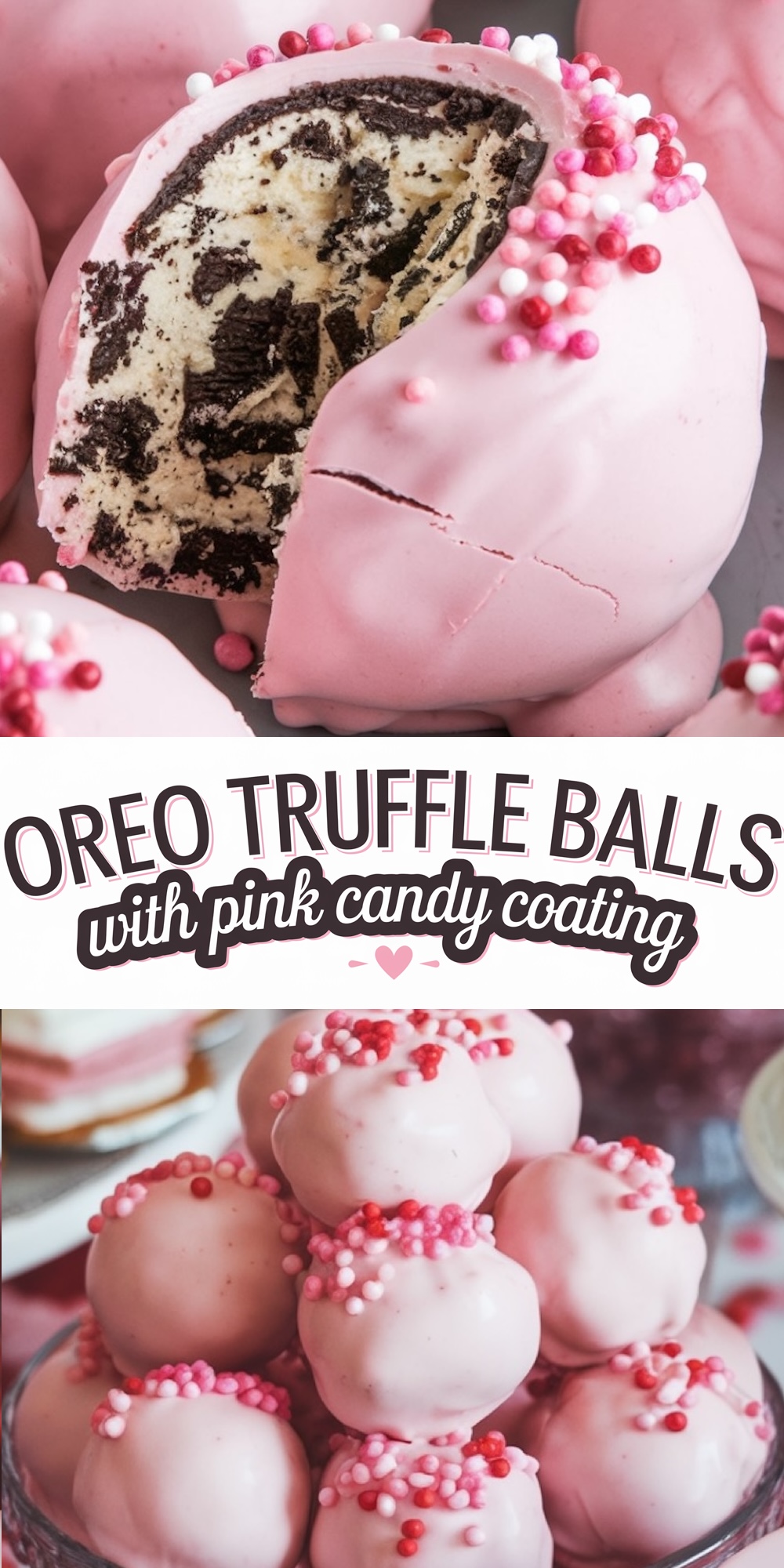  Close-up of a sliced pink-coated Oreo truffle with a creamy Oreo filling, decorated with pink and white sprinkle balls. The contrast between the dark Oreo crumbs and pink candy coating makes for a vibrant dessert presentation. Keywords: Oreo truffle balls, pink candy coating, dessert aesthetics, Valentine’s Day treats, Oreo dessert ideas.

