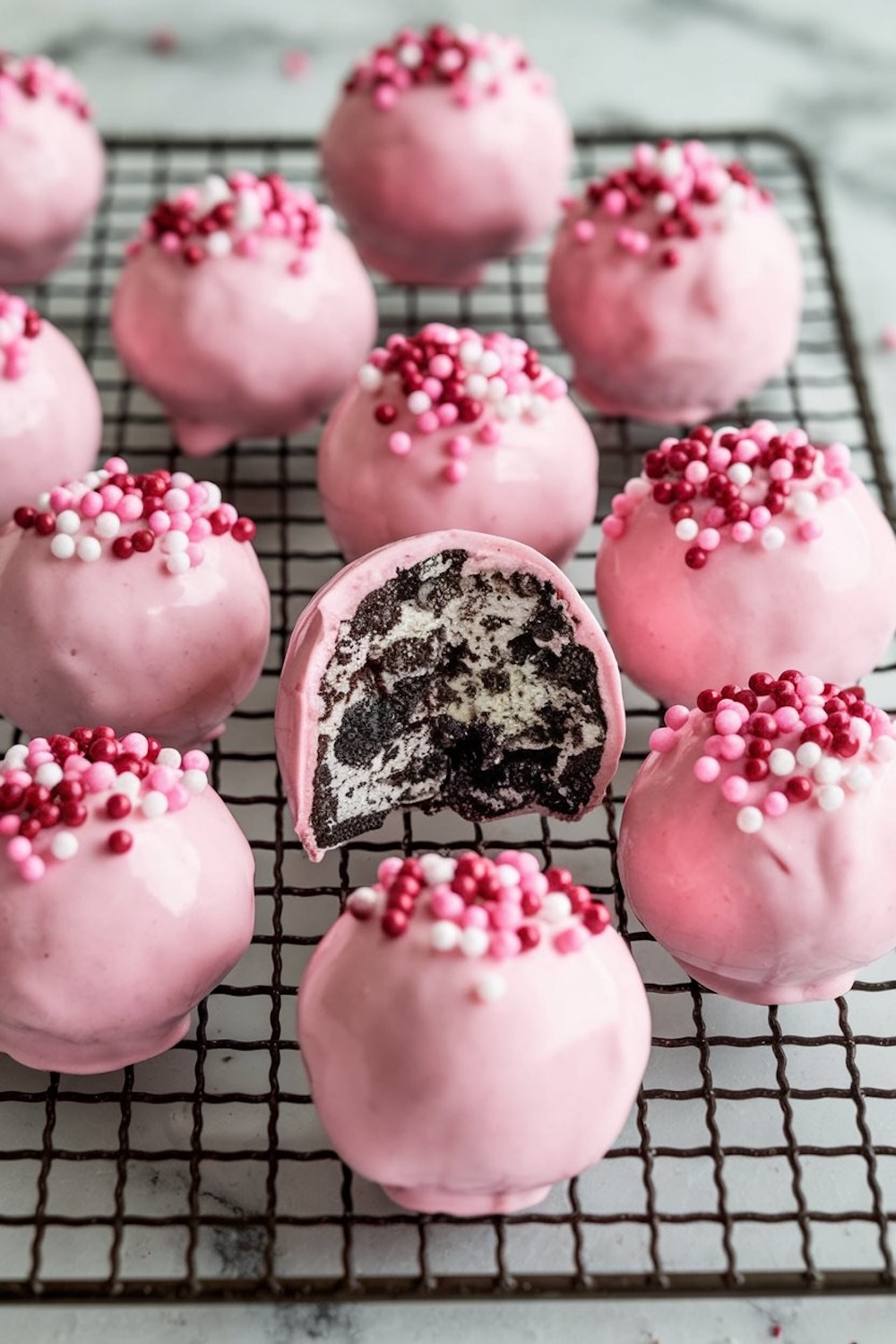 Finished Oreo truffles on a cooling rack, decorated with pink and red sprinkle balls. A truffle with a creamy Oreo center cut open reveals the rich chocolate and cream cheese filling inside, with a vibrant pink candy shell. Keywords: Oreo truffle display, pink dessert presentation, chocolate truffles with sprinkles, Valentine’s Day dessert, party treats.