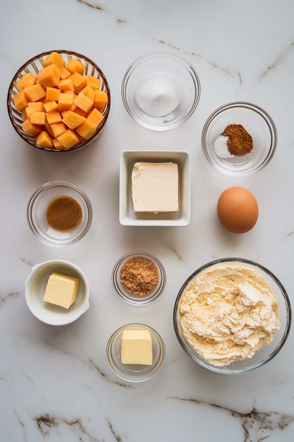 Ingredients for papaya dump cake arranged neatly on a white marble background, including cubed papaya, butter, sugar, vanilla extract, an egg, flour, brown sugar, cinnamon, and baking powder in clear bowls.