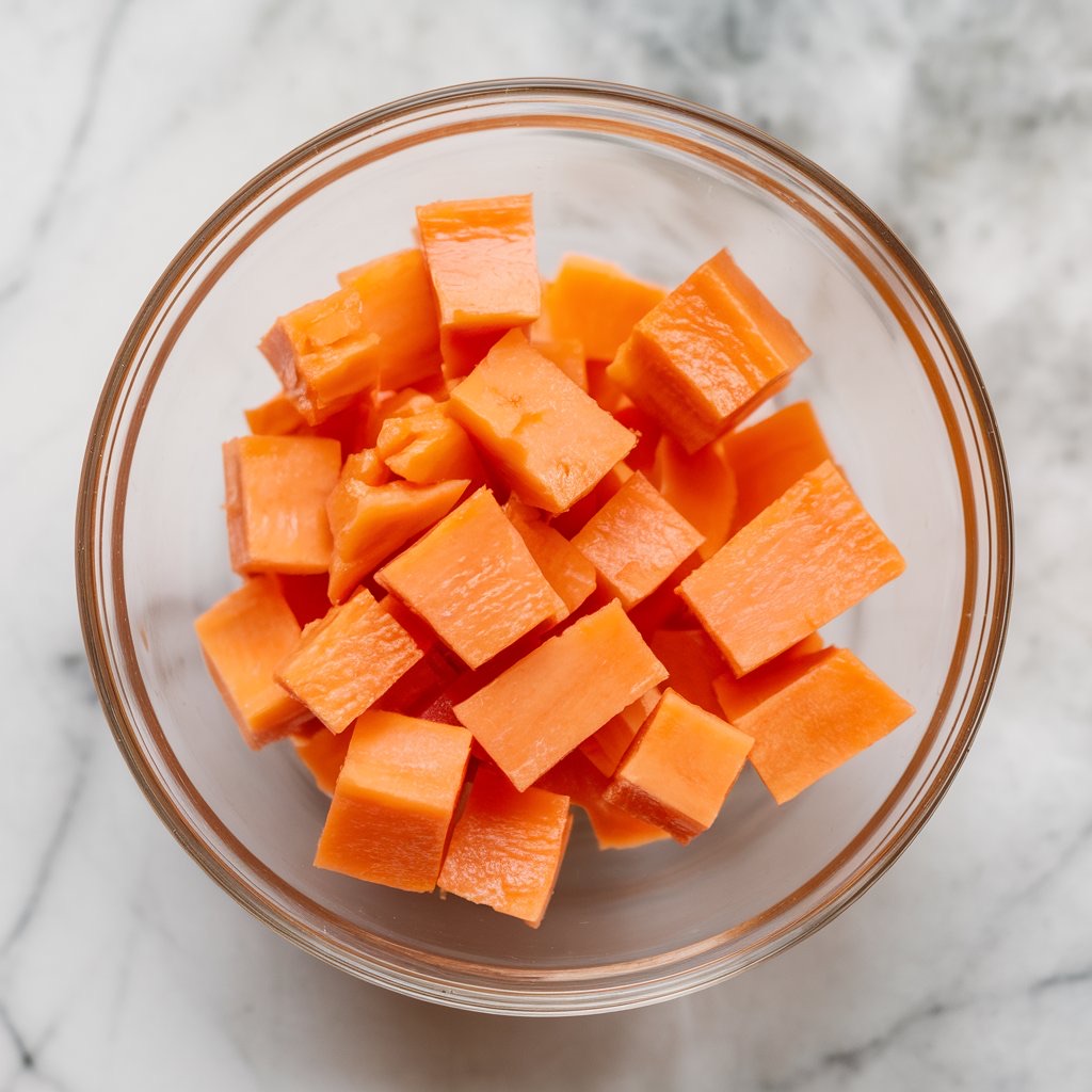 A close-up of a glass bowl filled with fresh, cubed papaya on a white marble surface. The vibrant orange pieces highlight the fruit's freshness and texture.