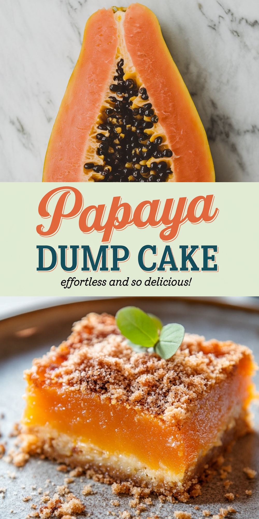 A halved ripe papaya on a white marble surface with vibrant orange flesh and black seeds in the center. Below, a slice of papaya dump cake with a golden crumb topping sits on a rustic plate, garnished with a small green leaf. Text overlay reads "Papaya Dump Cake: effortless and so delicious!"