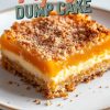 A single slice of papaya dump cake on a white plate with a focus on its crisp golden crust, creamy white filling, and sweet orange papaya center. Text overlay reads "Papaya Dump Cake."