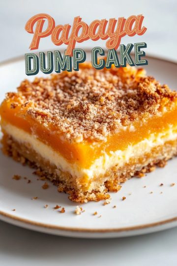 A single slice of papaya dump cake on a white plate with a focus on its crisp golden crust, creamy white filling, and sweet orange papaya center. Text overlay reads "Papaya Dump Cake."