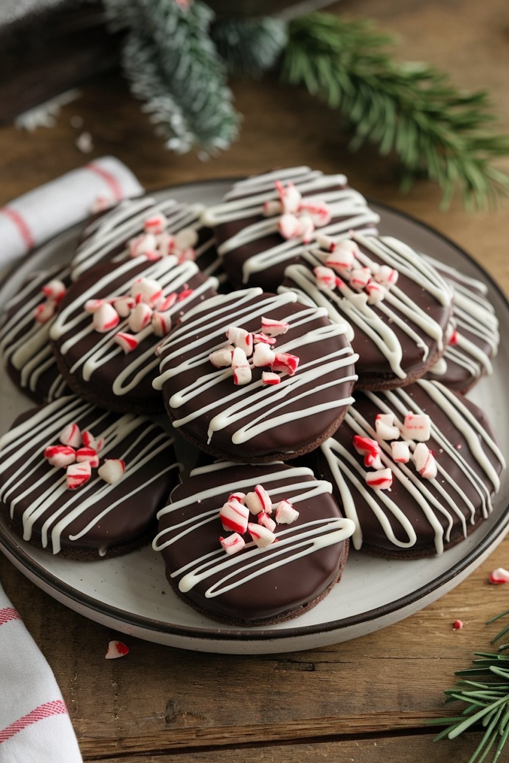 A rustic plate filled with peppermint bark cookies, ready for serving. The cookies feature a glossy dark chocolate coating, white chocolate drizzle, and peppermint candy topping, creating a perfect holiday treat display.