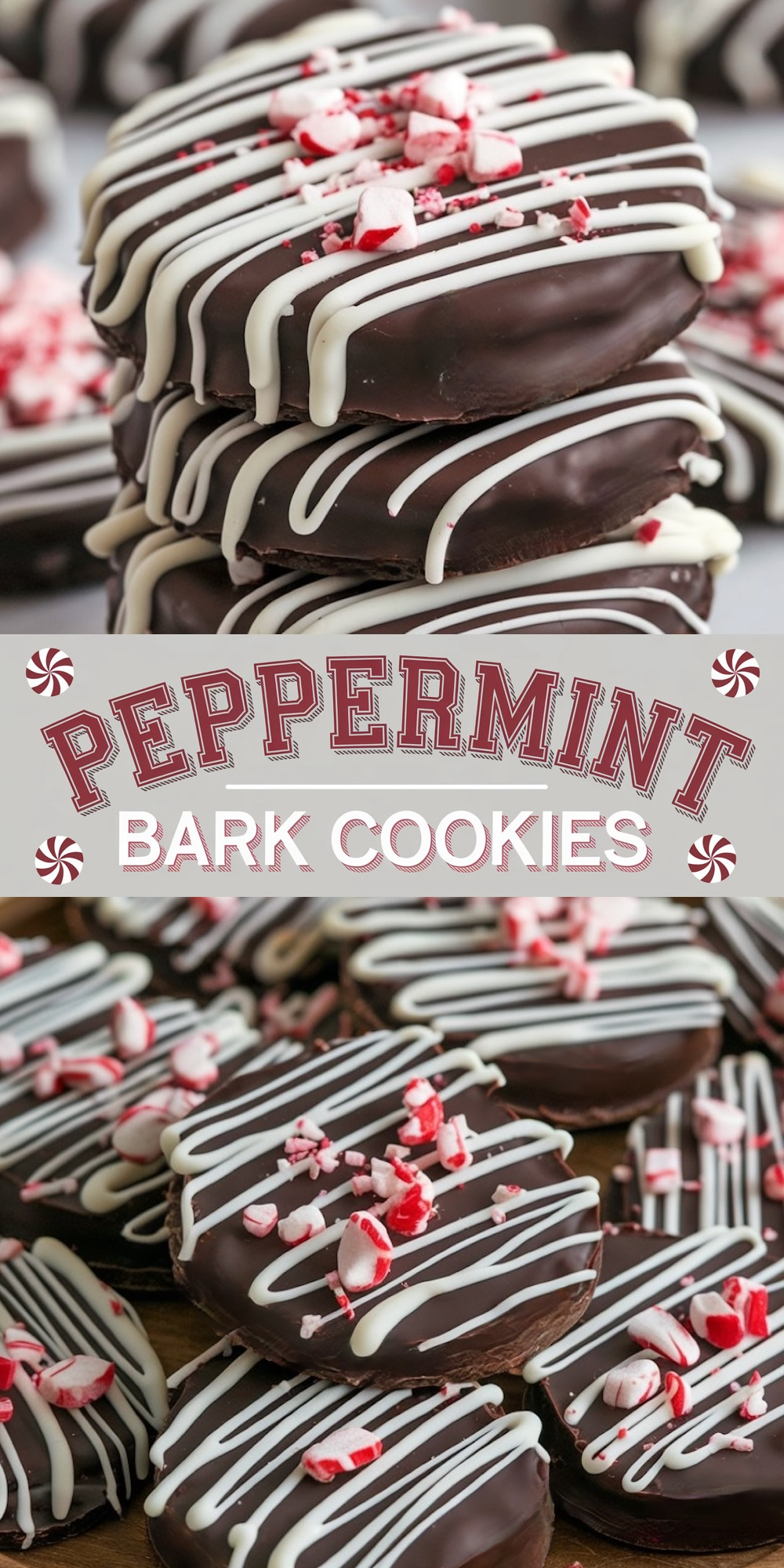 A close-up stack of peppermint bark cookies decorated with smooth, glossy dark chocolate coating, drizzled with white chocolate, and topped with crushed peppermint candies. Perfectly festive with a combination of rich chocolate and refreshing peppermint flavors.
