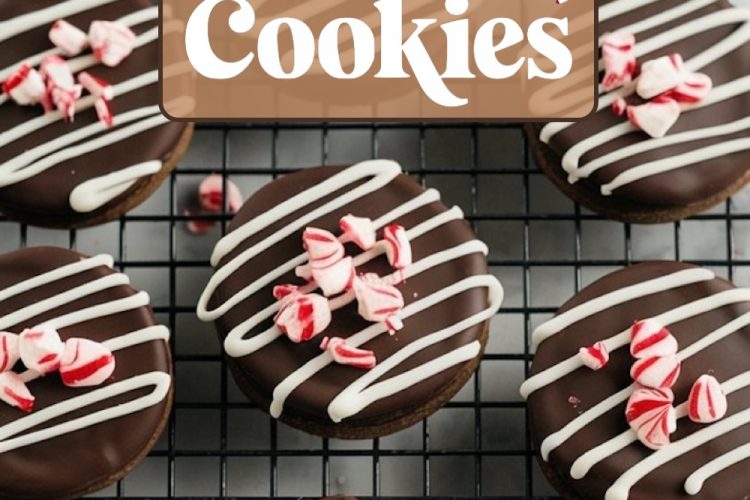 Overhead view of beautifully decorated peppermint bark cookies on a cooling rack. Each round cookie is coated in glossy dark chocolate, drizzled with white chocolate stripes, and sprinkled with crushed peppermint candy pieces for a festive touch. The "Peppermint Bark Cookies" text overlay adds a cozy holiday vibe, perfect for showcasing these seasonal treats.