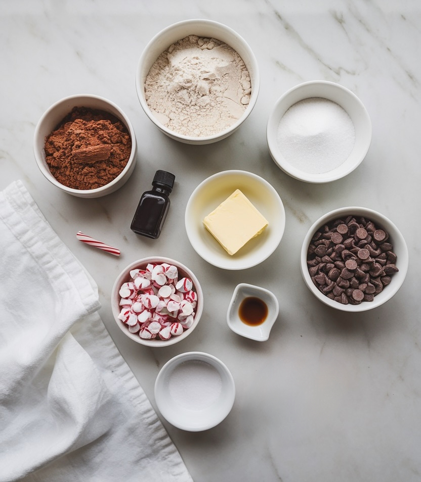 An array of ingredients needed for peppermint bark cookies, including cocoa powder, flour, sugar, butter, chocolate chips, peppermint extract, vanilla extract, and crushed peppermint candies. Each ingredient is carefully laid out in small white bowls on a marble countertop, ready for baking.