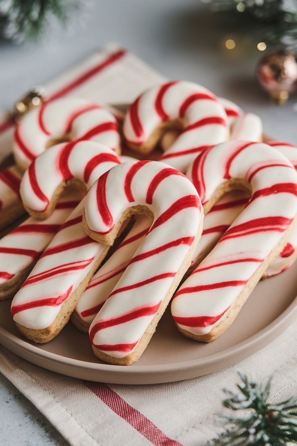 A plate of candy cane cookies decorated with marbled red and white icing, arranged for a holiday display. With a cozy, rustic background and festive decor touches, these cookies evoke the warmth of Christmas celebrations and are ideal for winter dessert tables or holiday-themed social media posts.