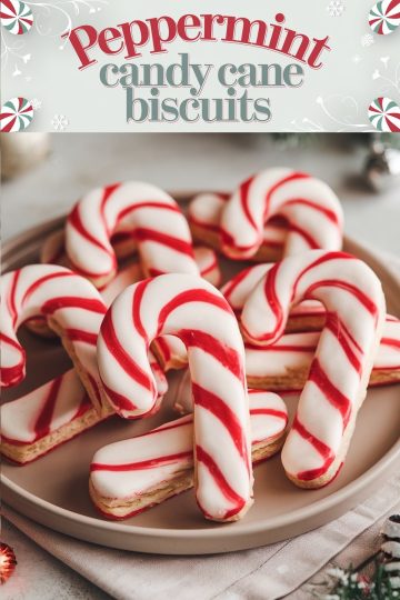 A plate of candy cane cookies decorated with marbled red and white icing, arranged for a holiday display. With a cozy, rustic background and festive decor touches, these cookies evoke the warmth of Christmas celebrations and are ideal for winter dessert tables or holiday-themed social media posts.