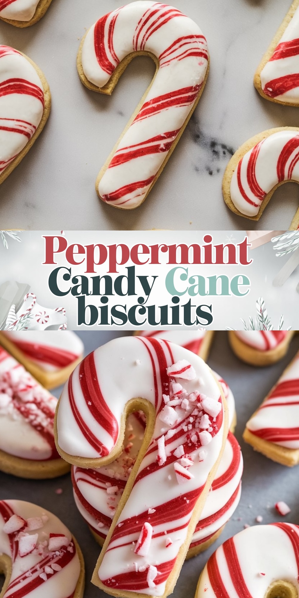 Festive peppermint candy cane-shaped biscuits with white and red marbled icing, capturing the classic holiday look. These beautifully decorated cookies are perfect for Christmas baking inspiration, with their glossy finish and candy cane stripes, ideal for holiday dessert spreads.