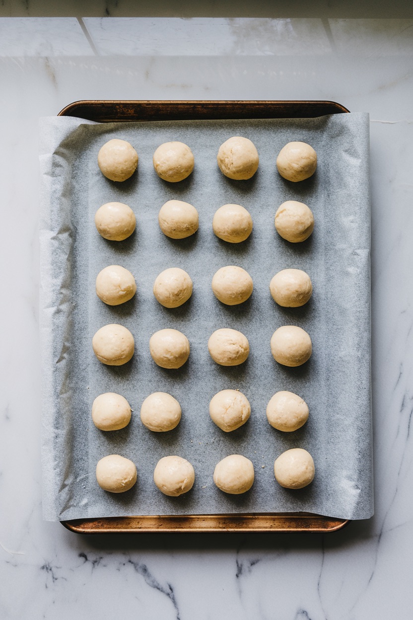 A baking tray lined with parchment paper and topped with rows of evenly spaced cookie dough balls, prepped and ready for baking into peppermint snowball cookies. This arrangement highlights the neat preparation process for holiday treats.