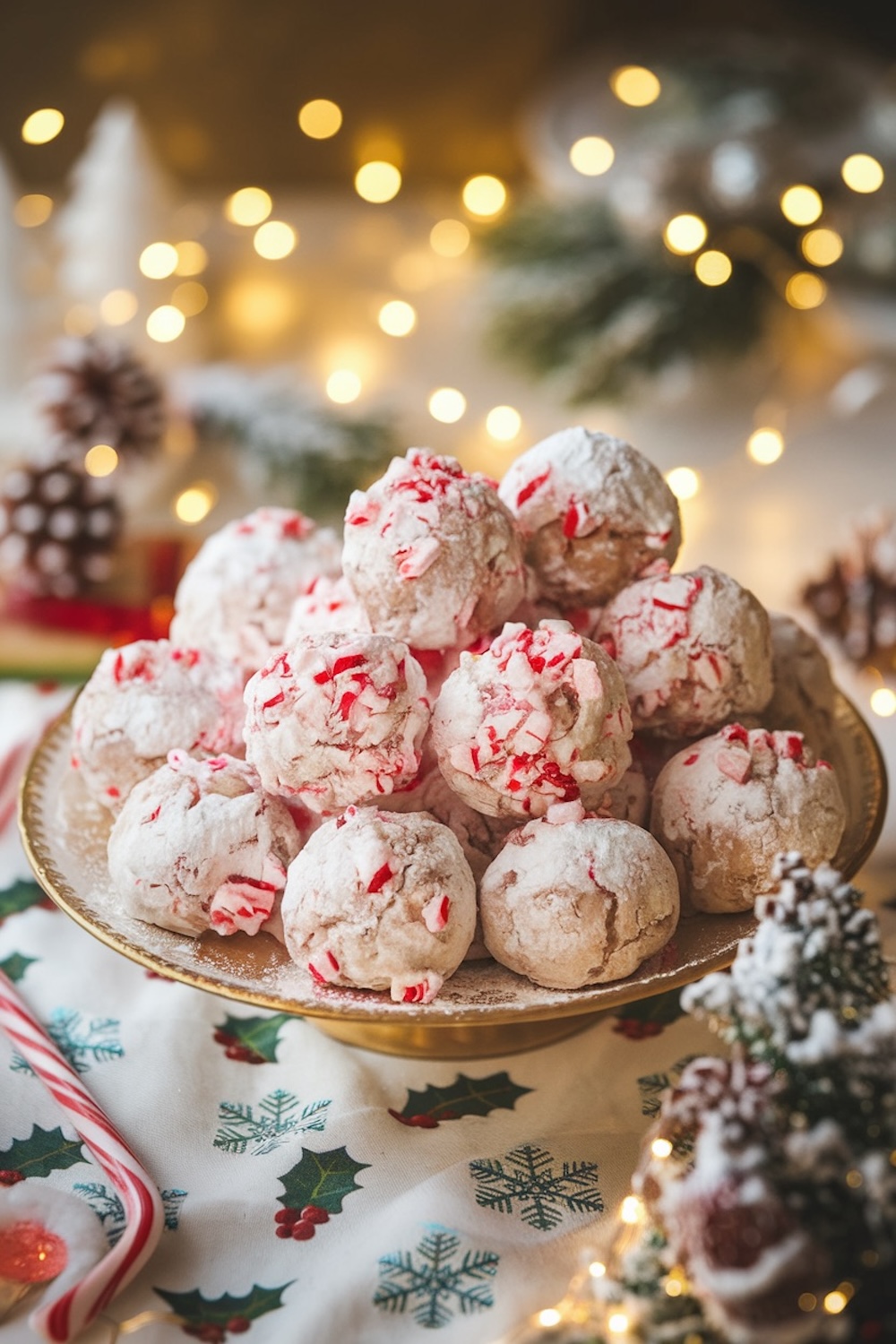 A holiday plate piled high with peppermint snowball cookies, each dusted with powdered sugar and crushed peppermint. In the background, warm holiday lights and pine decorations add a cozy, festive ambiance, perfect for Christmas gatherings or edible gifts.