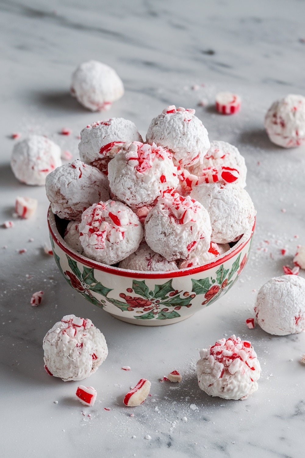 A holiday-themed ceramic bowl filled with peppermint snowball cookies, each coated in powdered sugar and sprinkled with crushed peppermint pieces. The bowl's festive holly design adds a cozy, Christmas vibe, making these cookies ideal for holiday gifting or dessert tables.