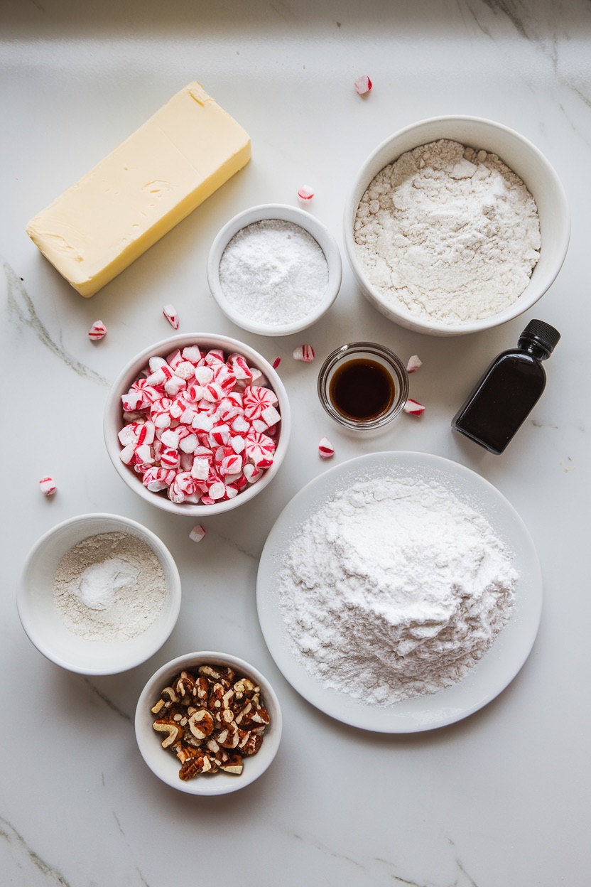 A flat lay of ingredients for peppermint snowball cookies on a marble surface. The ingredients include butter, flour, powdered sugar, vanilla extract, a bowl of crushed peppermint candies, and chopped nuts, all ready for holiday baking.