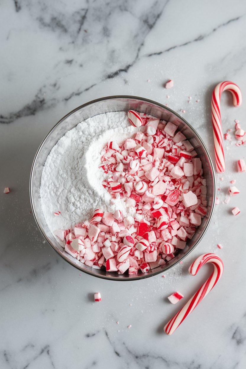 A metal mixing bowl containing powdered sugar and chunks of crushed peppermint candy. Two candy canes lie nearby, adding a festive touch as this mixture is ready to coat the freshly baked cookies for a wintry, holiday-inspired look.