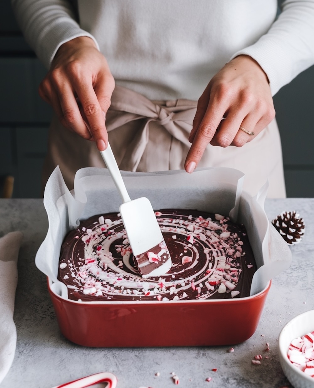 A focused view of hands spreading peppermint-swirled fudge in a red pan lined with parchment paper. Crushed peppermint candy is sprinkled on top, and the swirling technique creates a beautiful marbled effect.