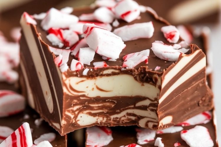 A close-up of a slice of peppermint swirl fudge with rich chocolate and creamy white marbling. The top is sprinkled with crushed peppermint candy pieces, adding a festive pop of red and white color and a touch of holiday flavor.