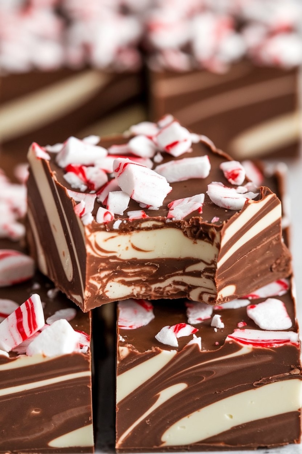 A close-up of a stack of peppermint swirl fudge squares, showing intricate chocolate and cream swirls. Crushed peppermint candies are sprinkled on each piece, adding a crunchy and minty texture.