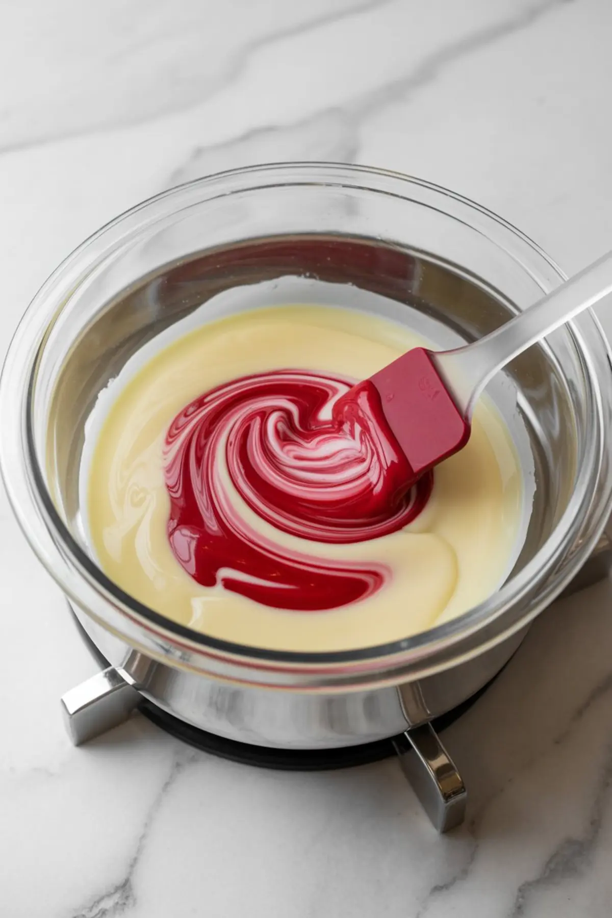 Glass bowl set over a saucepan with melted white chocolate and condensed milk being swirled together with red food coloring using a silicone spatula, creating a marbled peppermint fudge mixture.
