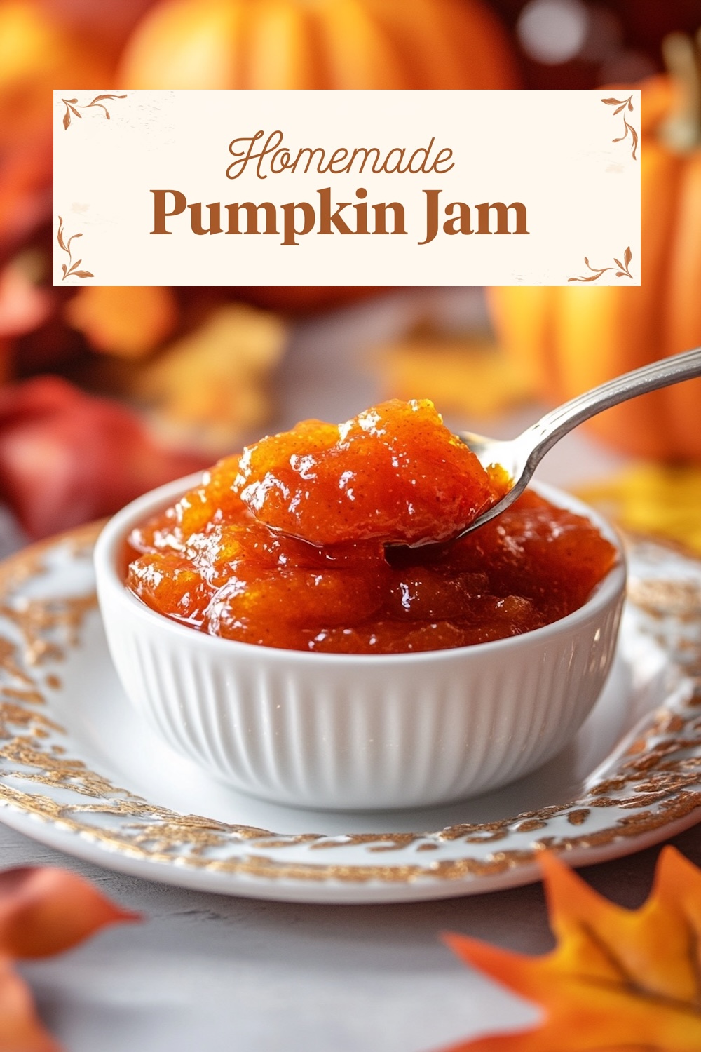 Homemade pumpkin Christmas jam recipe in a white bowl, with a spoon, displayed with autumn leaves and mini pumpkins. This seasonal jam recipe captures the flavors of pumpkin pie, making it a festive spread for toast or an excellent holiday gift.