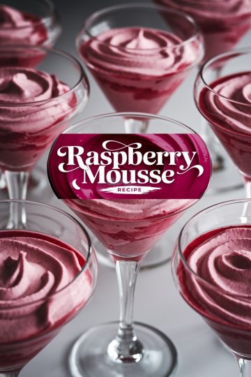 Close-up of elegant glasses filled with creamy raspberry mousse, showcasing its smooth texture and vibrant pink hues, perfect for a dessert table or festive gathering.