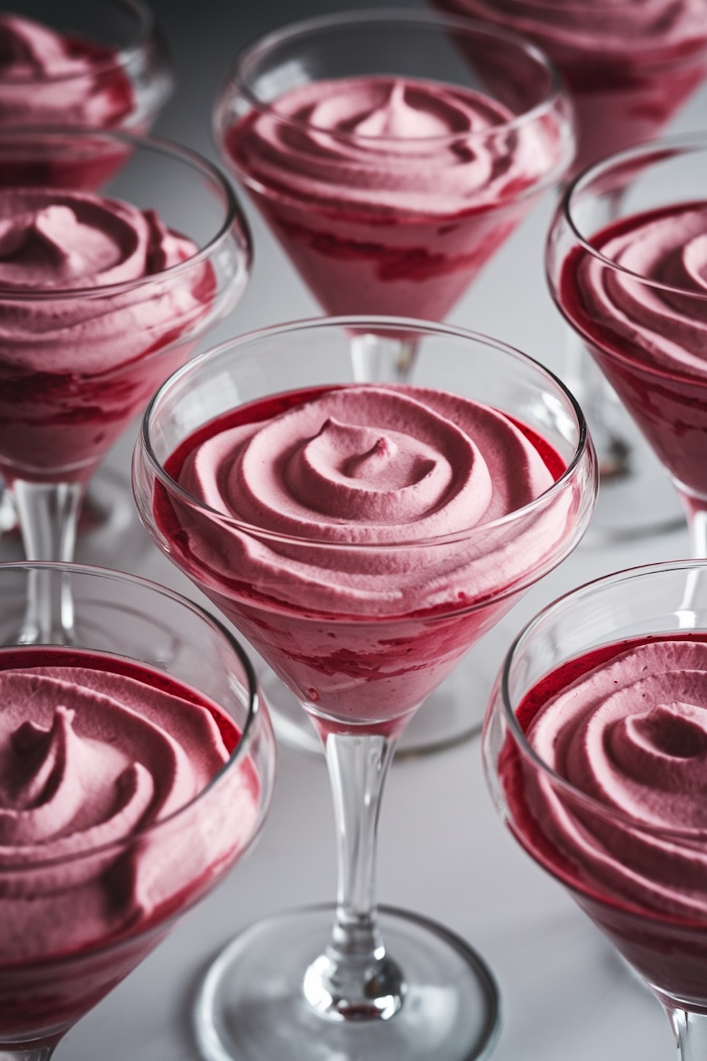 Multiple martini glasses filled with raspberry mousse arranged in a symmetrical pattern, highlighting the dessert's airy texture, swirled presentation, and rich berry color.