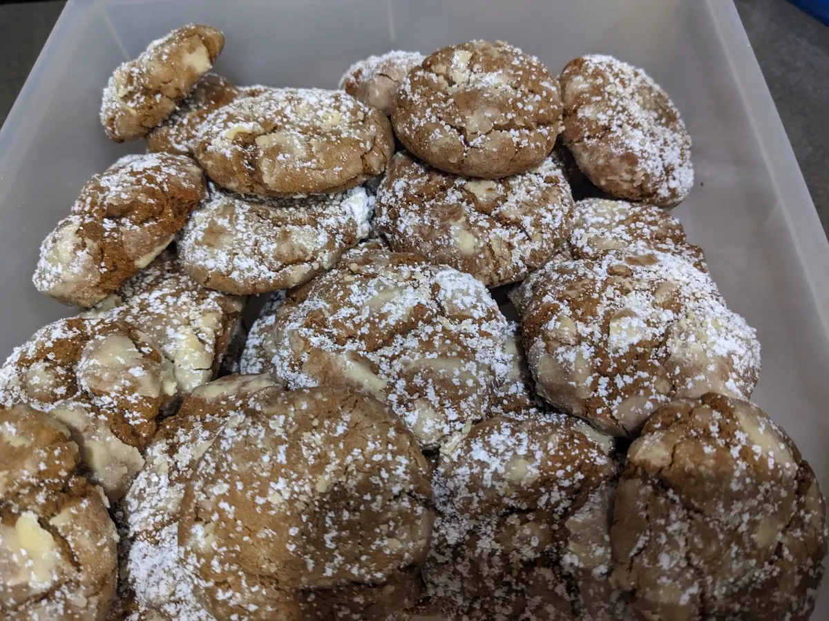 Gingerbread cookies just out of the oven on a parchment-lined baking tray. Slightly cracked tops with powdered sugar melting into crevices, showing soft centers and golden edges on a white stovetop background.
