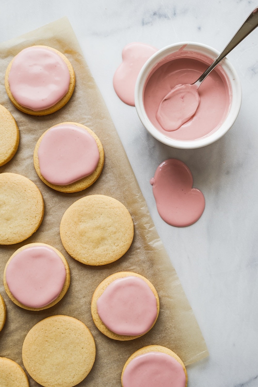 A single image depicting freshly baked cookies spread out on parchment paper. Each cookie is coated with pink icing, with a small white bowl filled with extra pink glaze and a spoon beside it. A spill of glaze adds a casual, artistic touch to the composition.