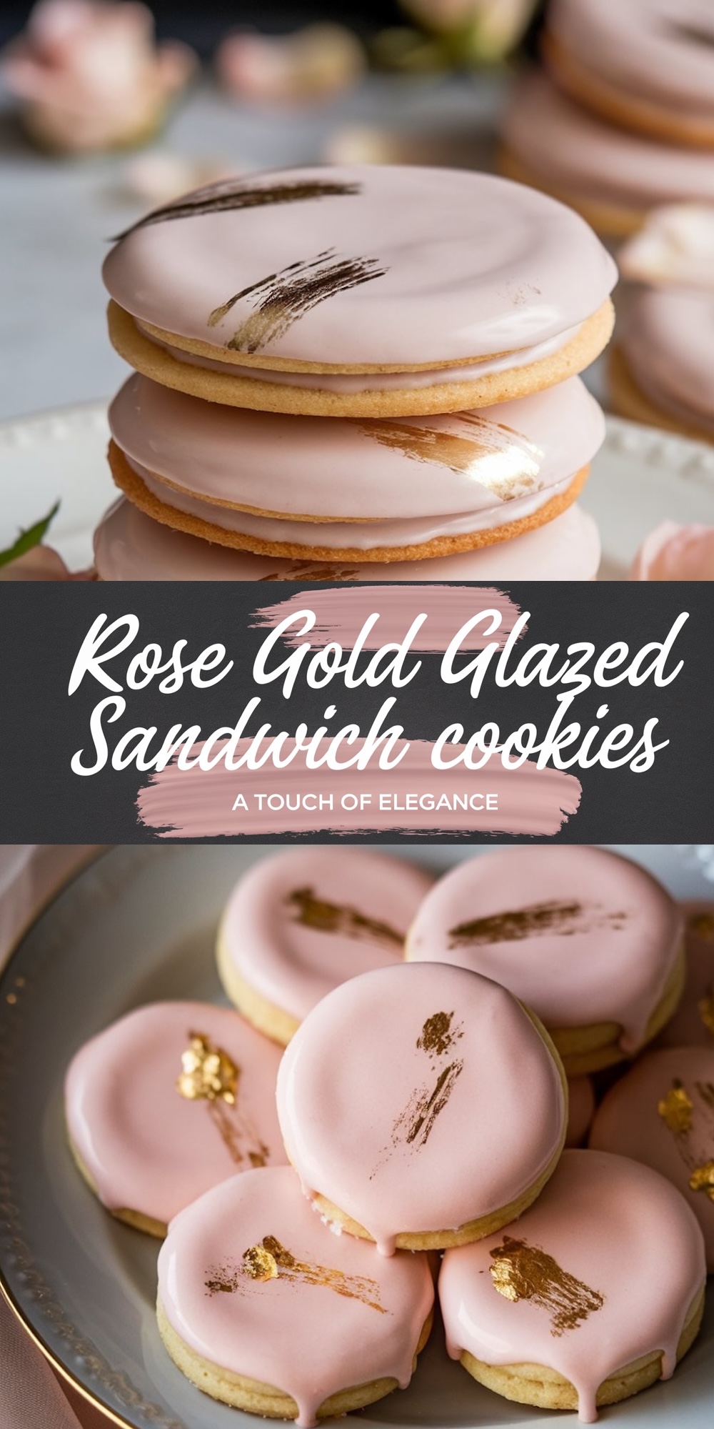 A vertical collage featuring rose gold-glazed sandwich cookies. The top panel showcases a stack of cookies with smooth pink icing and gold brushstroke accents, set on a blurred background with soft floral elements. The bottom panel shows the cookies elegantly arranged on a ceramic plate with a similar design, emphasizing the golden embellishments.