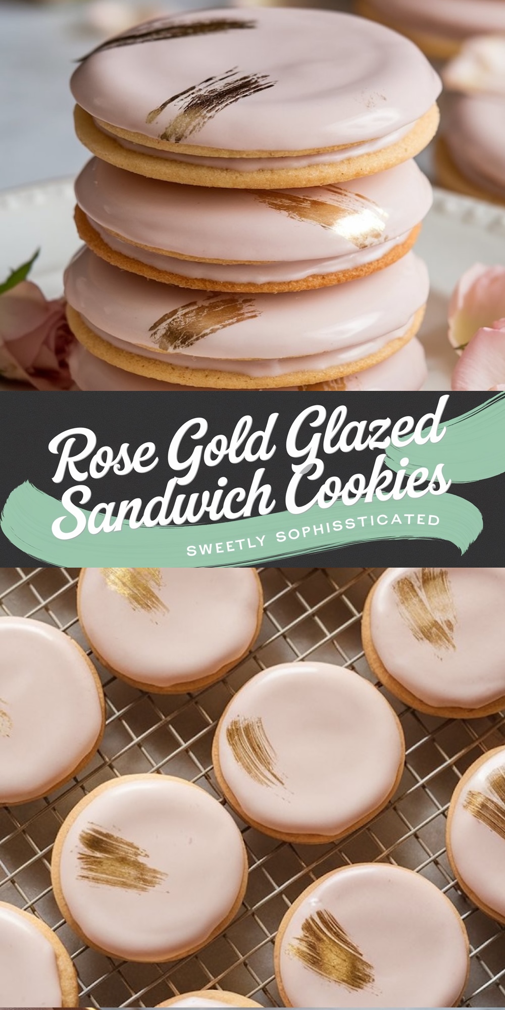 A vertical collage emphasizing rose gold-glazed sandwich cookies. The top panel shows a stack of iced cookies with shiny pink glaze and gold brushstrokes. The bottom panel presents a wire rack filled with rows of cookies, each with matching pink and gold designs.