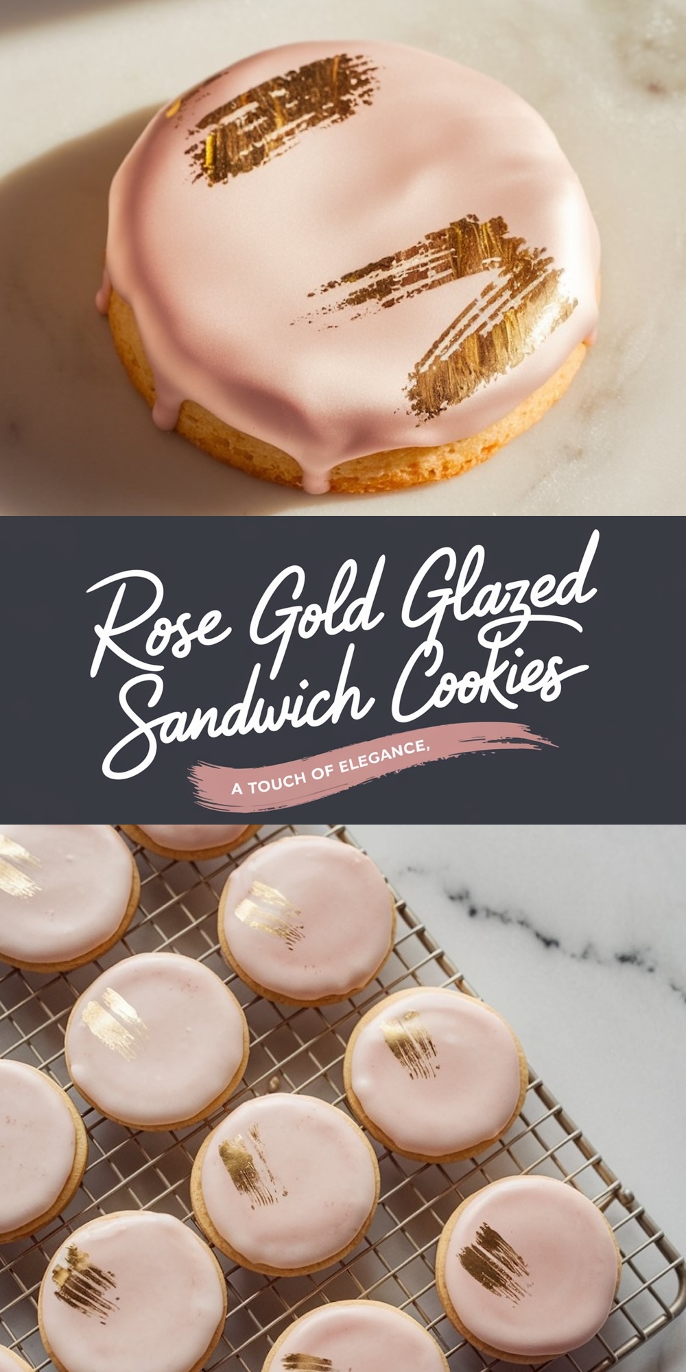 A vertical collage of rose gold sandwich cookies. The top panel features a close-up of a single cookie with pink icing and bold golden brushstrokes, set on a marble surface. The bottom panel highlights a grid of cookies cooling on a wire rack, each adorned with the same icing and gold detail.