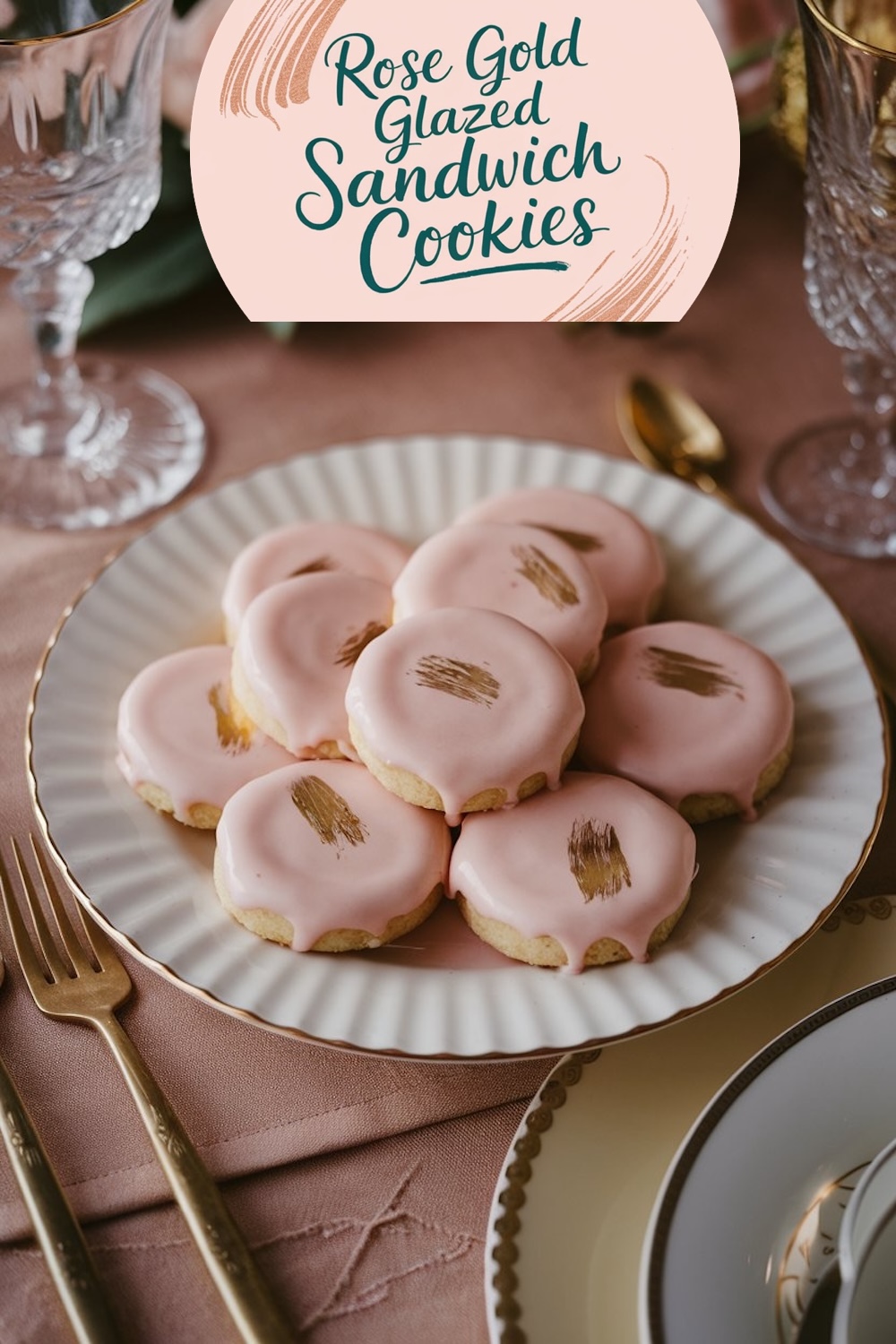 A single image displaying rose gold-glazed sandwich cookies elegantly arranged on a scalloped white plate with gold trim. The cookies feature a glossy pink glaze with delicate golden accents. The plate is styled on a blush pink tablecloth with crystal glassware and gold-toned cutlery, creating a sophisticated presentation.