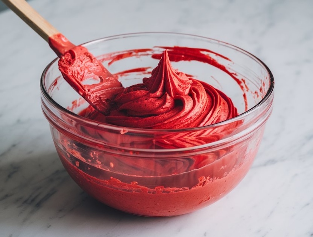 A glass bowl of smooth red macaron batter, ready to be piped. The vibrant red color and creamy texture are captured, with a spatula in the batter showing its thick consistency on a marble countertop.