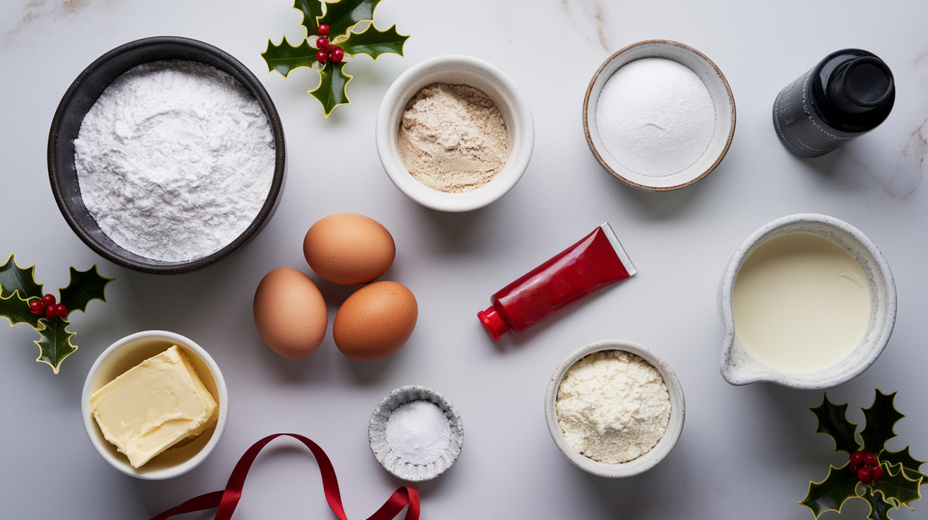 Flat-lay of baking ingredients for Christmas macarons, including eggs, powdered sugar, almond flour, butter, cream, and a tube of red gel food coloring. Holly sprigs and a red ribbon add a festive touch to the scene.
