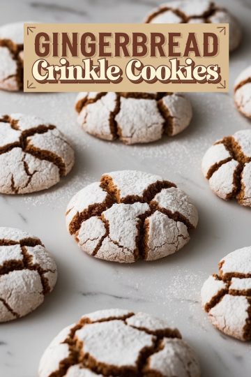 A batch of gingerbread crinkle cookies spread out on a marble surface, capturing the warm textures and powdered sugar coating. The contrast of the soft white sugar against the spiced brown dough highlights the cookies' festive look, ideal for holiday dessert boards.