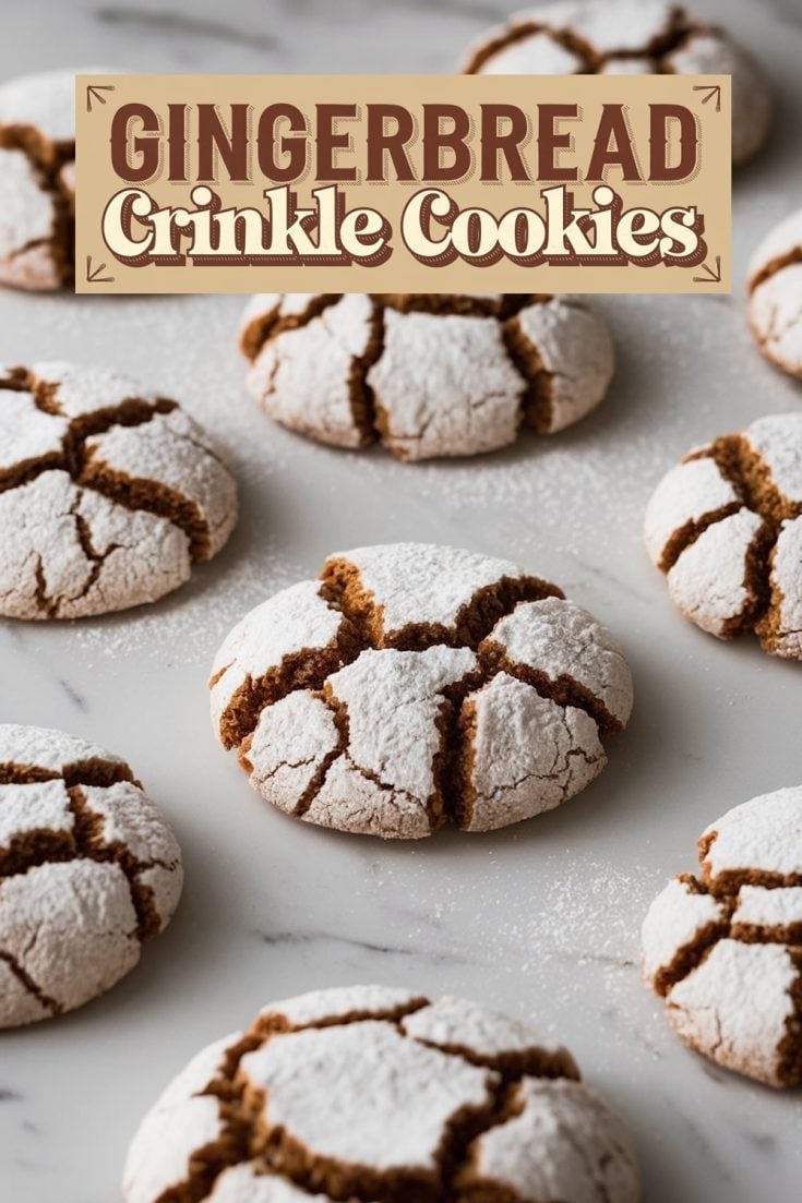 A batch of gingerbread crinkle cookies spread out on a marble surface, capturing the warm textures and powdered sugar coating. The contrast of the soft white sugar against the spiced brown dough highlights the cookies' festive look, ideal for holiday dessert boards.