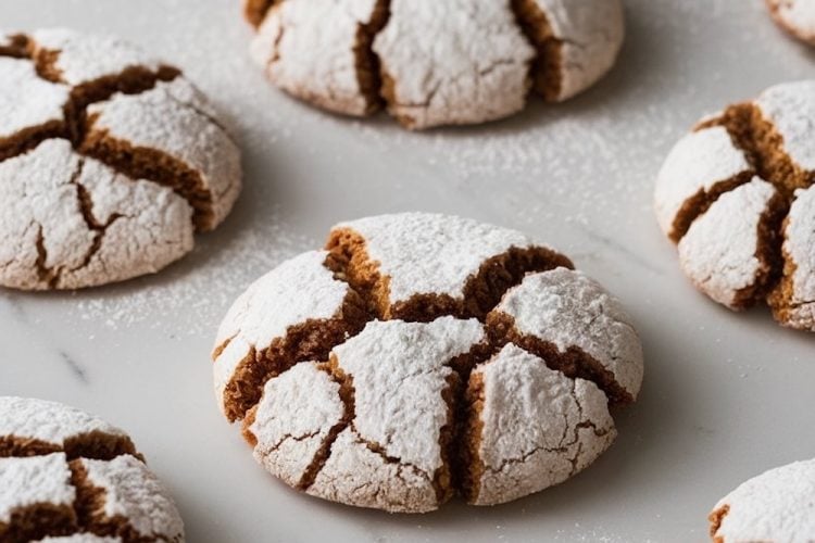 A batch of gingerbread crinkle cookies spread out on a marble surface, capturing the warm textures and powdered sugar coating. The contrast of the soft white sugar against the spiced brown dough highlights the cookies' festive look, ideal for holiday dessert boards.