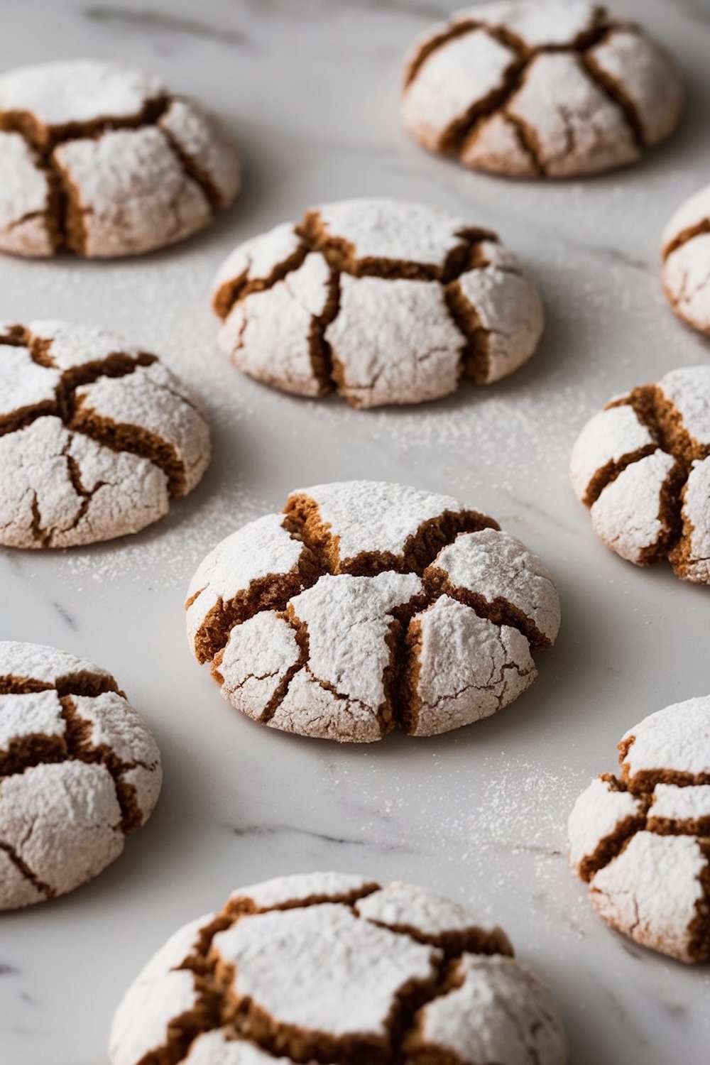 Elegant table setting with gingerbread crinkle cookies on a plate, accompanied by a coffee cup and napkin, creating a cozy holiday scene with natural light highlighting the textures and powdered tops.