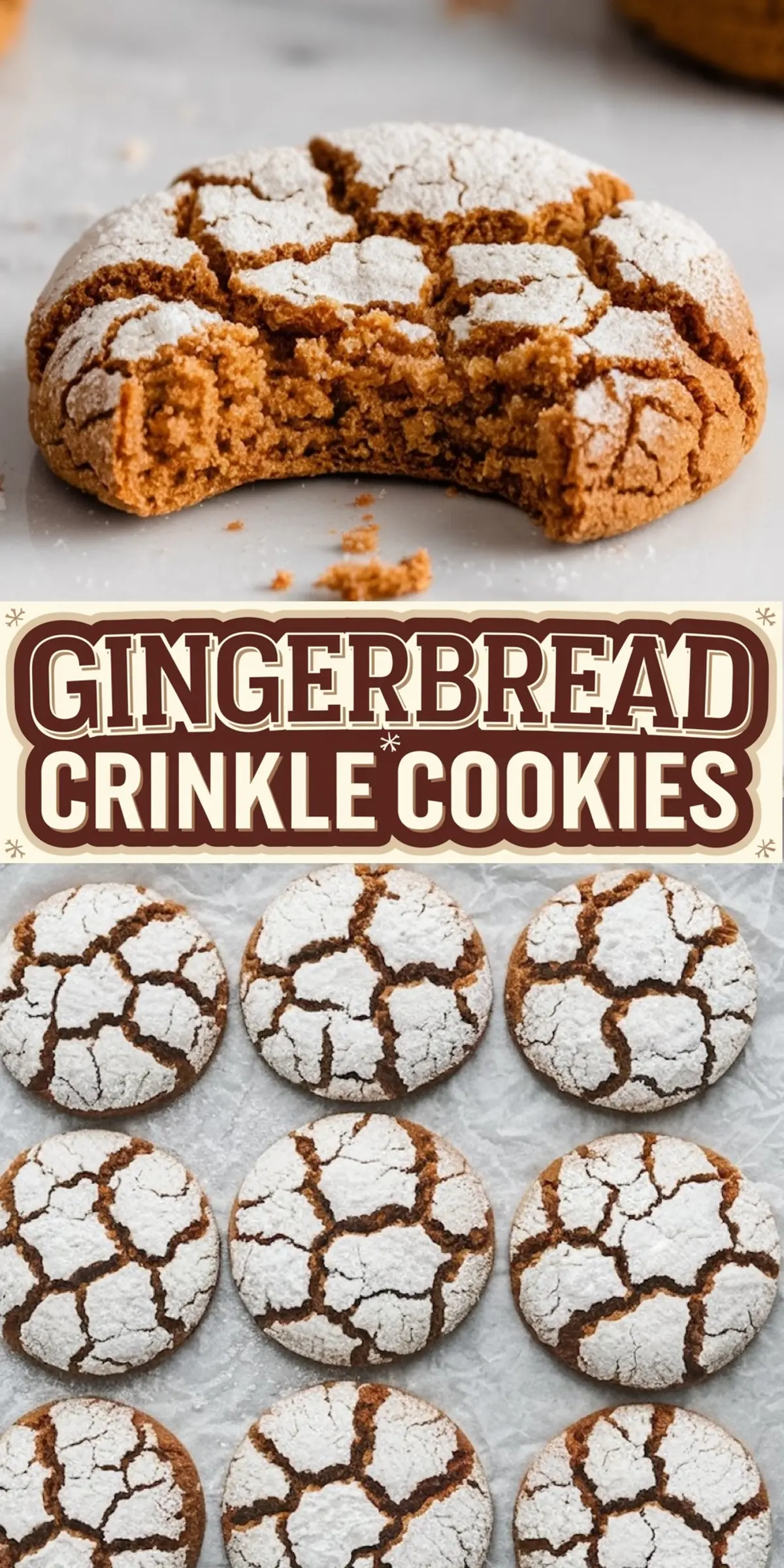 Collage of gingerbread crinkle cookies featuring a close-up of a bitten cookie with a crackled powdered sugar top, a bold “Gingerbread Crinkle Cookies” title, and a flat lay of freshly baked cookies arranged on parchment paper.
