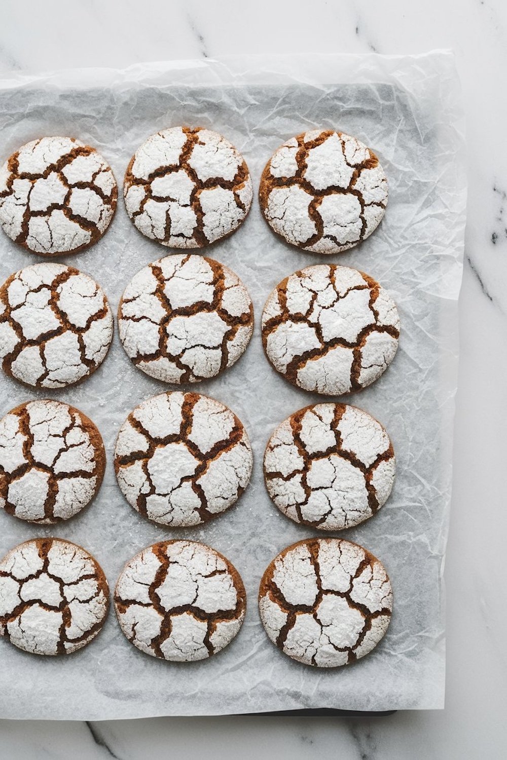 Freshly baked gingerbread crinkle cookies on parchment paper, showing uniform cracks and dusted tops, arranged in a visually pleasing grid.

