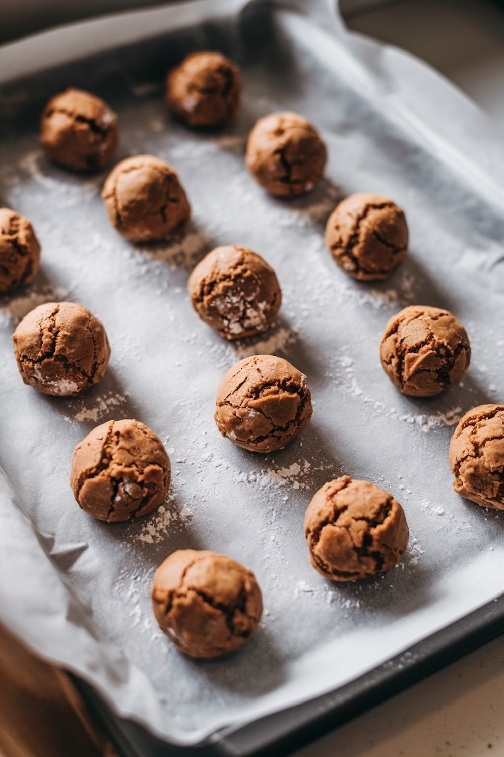 Rows of raw gingerbread cookie dough balls on a baking sheet lined with parchment paper, showing the pre-baked stage with light dusting, ready for the oven.

