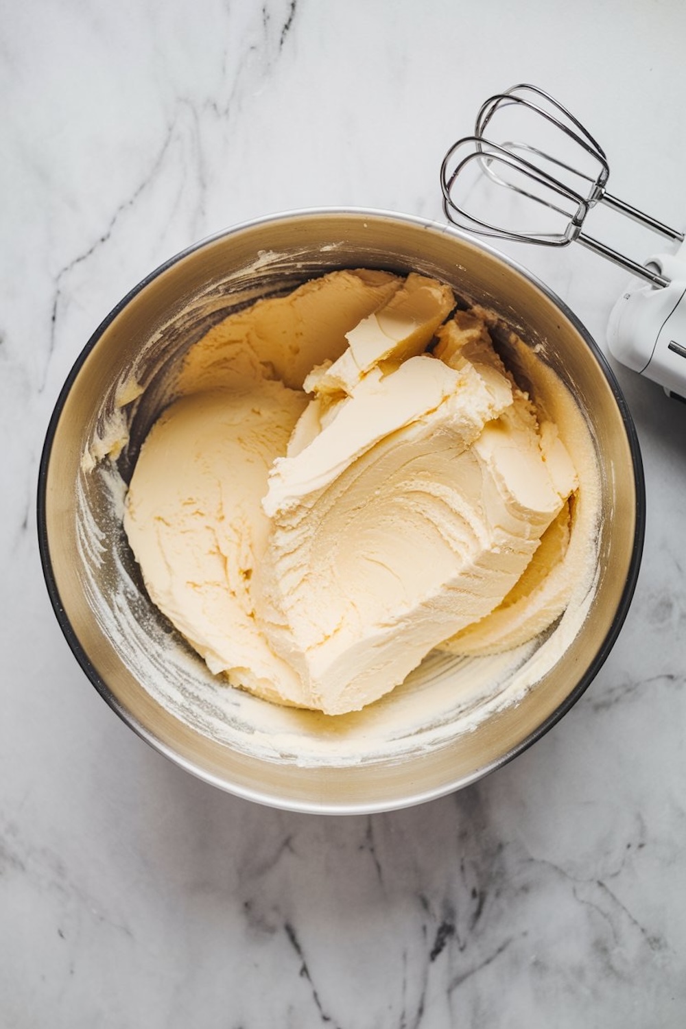 A close-up of whipped butter in a silver mixing bowl, ready for incorporating into the batter for the sour cream pound cake. A handheld electric mixer rests on the edge, emphasizing the baking process.
