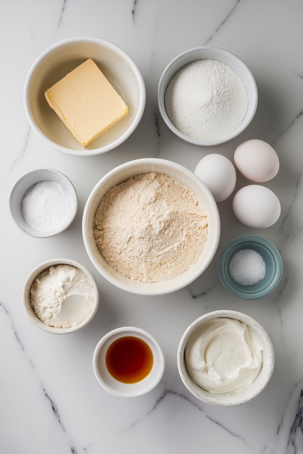 A neatly arranged display of the main ingredients for sour cream pound cake on a marble surface. Bowls of flour, sugar, butter, sour cream, eggs, vanilla extract, baking soda, and salt showcase the simplicity of this classic recipe.