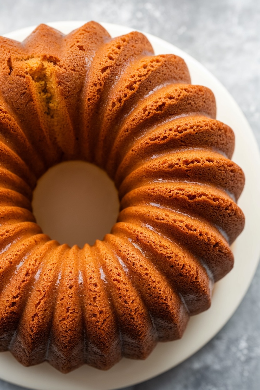 A top-down view of the golden-brown sour cream pound cake in its Bundt pan design. The cake's glossy finish highlights its soft texture and even bake, perfect for any occasion.