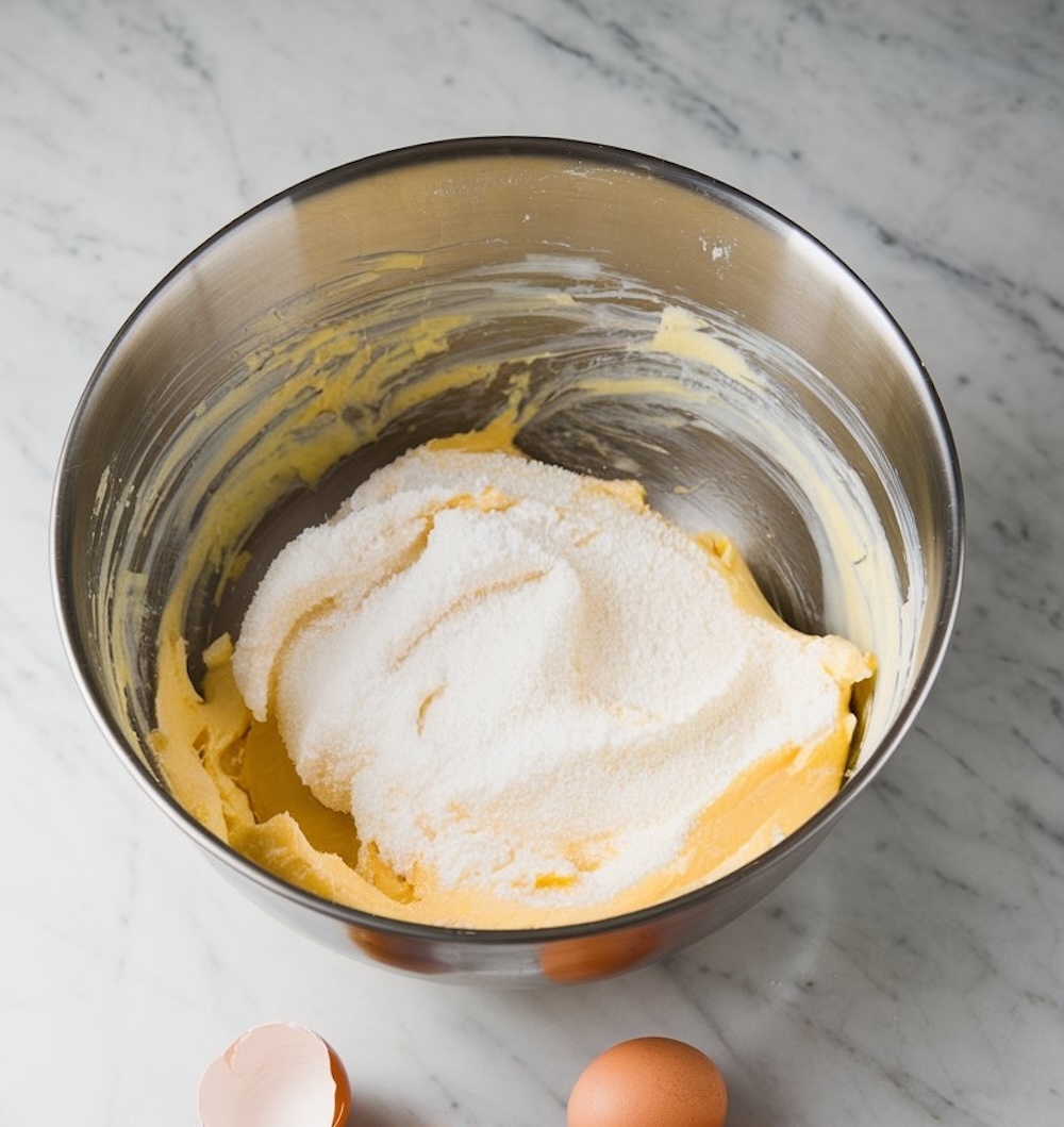 A silver mixing bowl on a marble countertop containing creamed butter and sugar, part of the preparation for the sour cream pound cake. Eggshells and whole eggs sit nearby, highlighting the fresh ingredients.