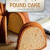A close-up of a moist sour cream pound cake with a golden crust, sliced to reveal its dense, buttery interior. The cake sits on a marble cutting board with crumbs scattered, accompanied by a knife in the background. The text overlay in a vintage-inspired design reads "Sour Cream Pound Cake," paired with a website link, emphasizing its homemade charm and classic flavor.