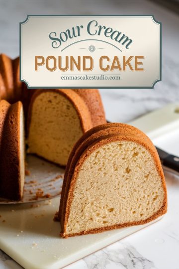 A close-up of a moist sour cream pound cake with a golden crust, sliced to reveal its dense, buttery interior. The cake sits on a marble cutting board with crumbs scattered, accompanied by a knife in the background. The text overlay in a vintage-inspired design reads "Sour Cream Pound Cake," paired with a website link, emphasizing its homemade charm and classic flavor.